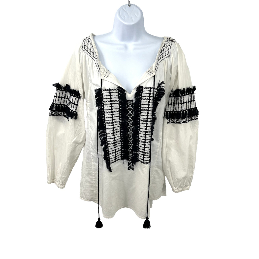 Figue Embroidered Peasant Blouse Womens Medium White Black Boho Tassel Top India - Picture 2 of 13